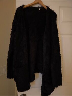 Free People Black Faux Fur Open-Front Cardigan